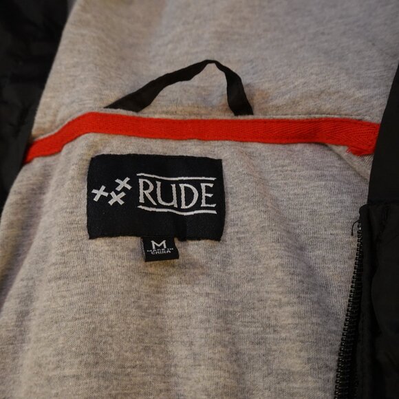 RARE 2000s Hot Topic RUDE Black Windbreaker Hood sz M CONDITION IN DESCRIPTION - Picture 3 of 6